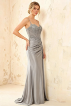 Joan Silver Satin Mermaid Beaded Maxi Dress