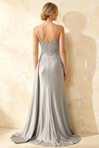 Joan Silver Satin Mermaid Beaded Maxi Dress