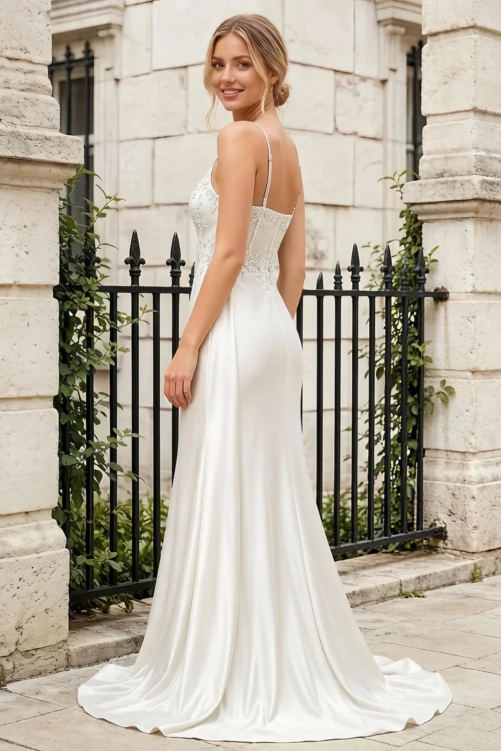 Joan White Satin Mermaid Beaded Maxi Dress