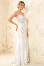 Joan White Satin Mermaid Beaded Maxi Dress