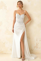 Joan White Satin Mermaid Beaded Maxi Dress