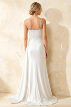 Joan White Satin Mermaid Beaded Maxi Dress