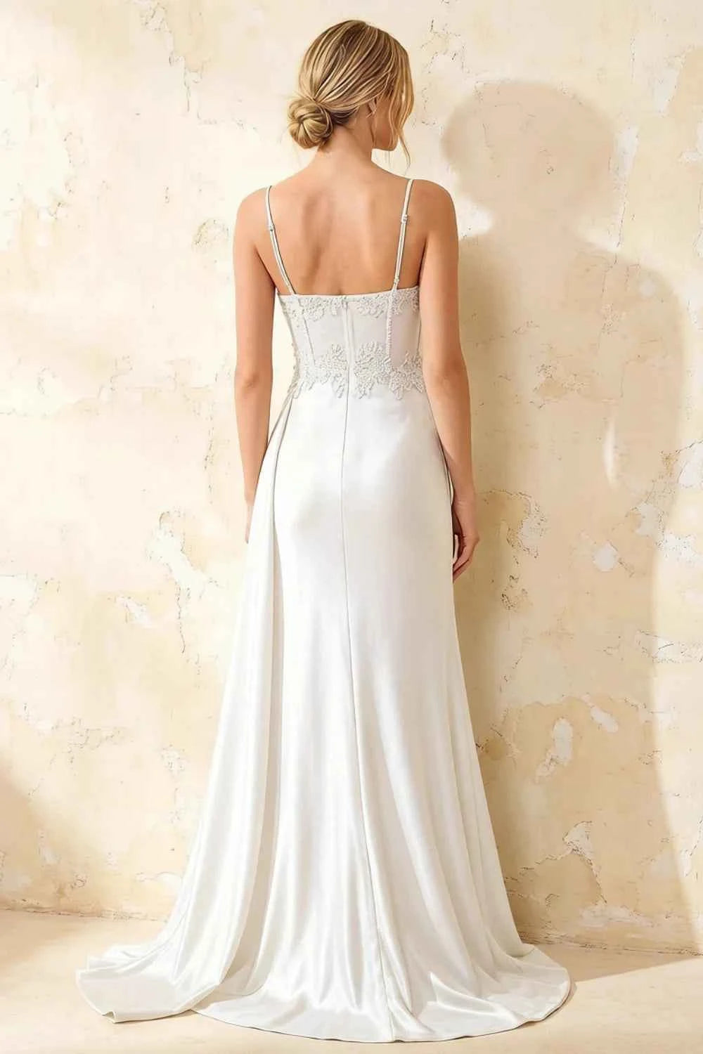 Joan White Satin Mermaid Beaded Maxi Dress