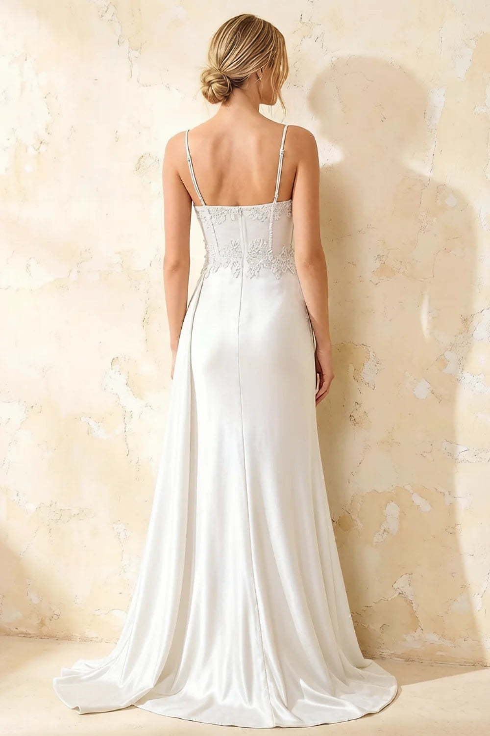 Joan White Satin Mermaid Beaded Maxi Dress