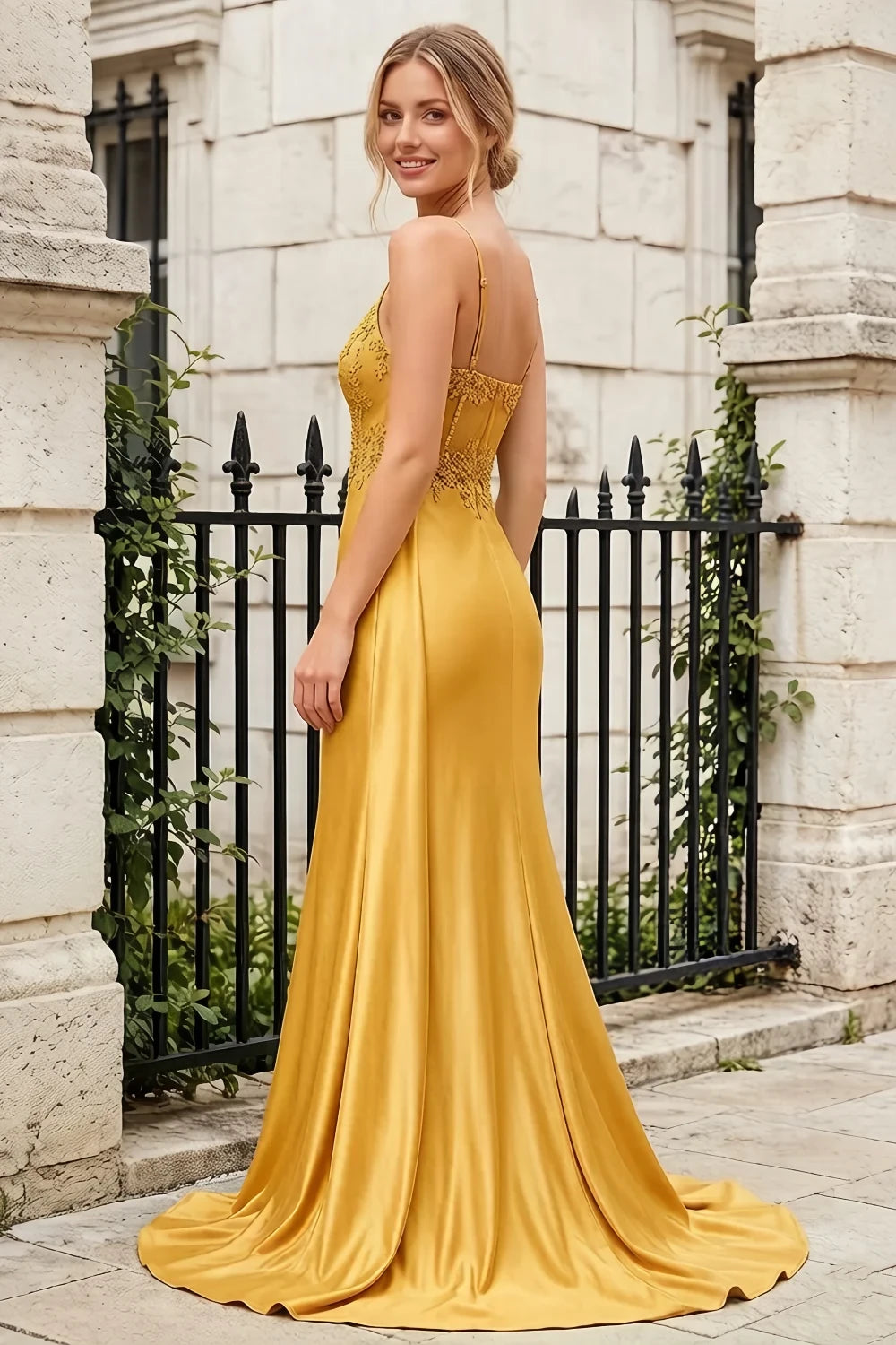 Joan Yellow Satin Mermaid Beaded Maxi Dress