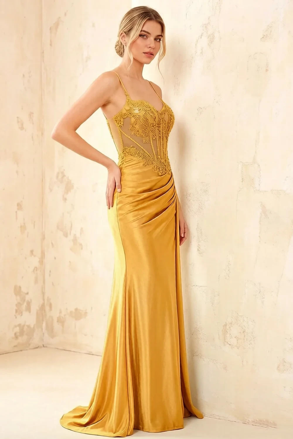 Joan Yellow Satin Mermaid Beaded Maxi Dress