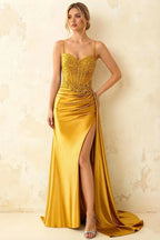 Joan Yellow Satin Mermaid Beaded Maxi Dress