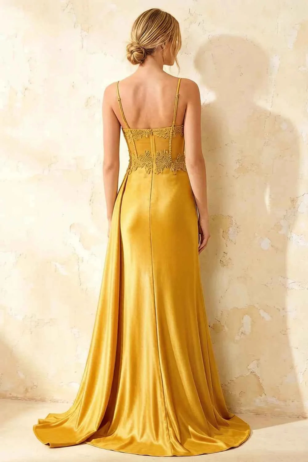 Joan Yellow Satin Mermaid Beaded Maxi Dress