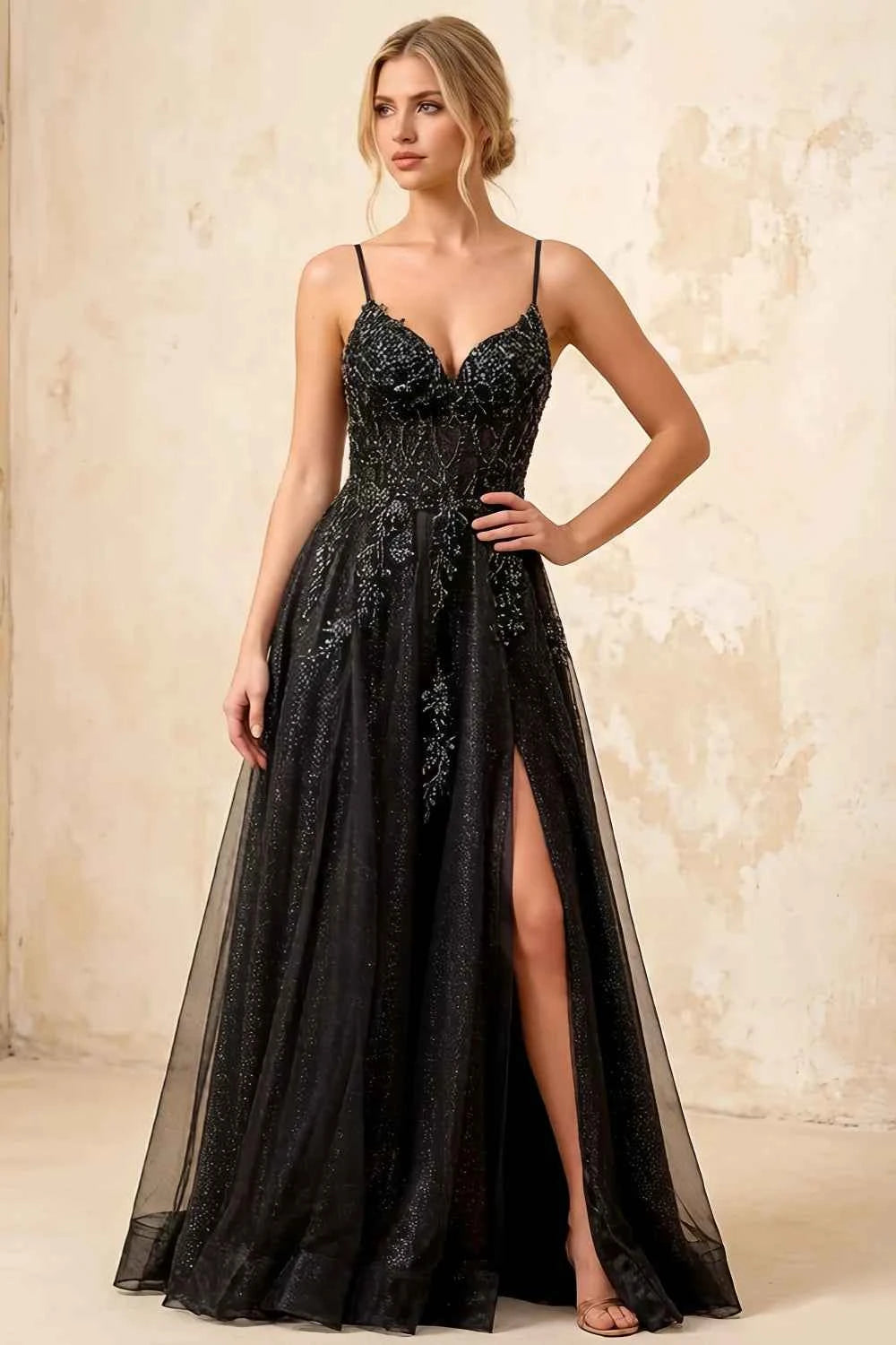 Joanna Glitter Black Tulle Beaded Maxi Dress