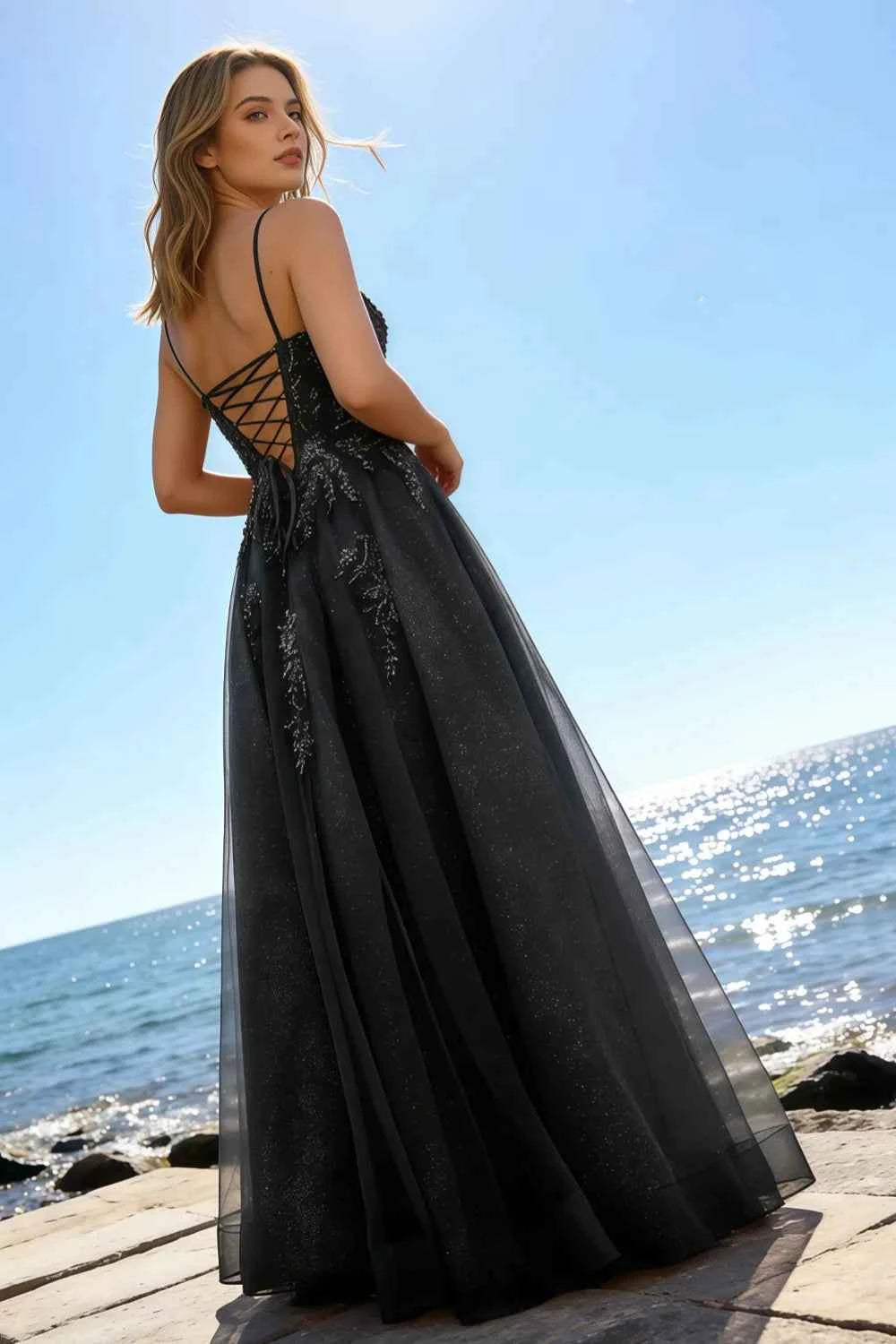 Joanna Glitter Black Tulle Beaded Maxi Dress