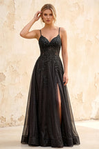 Joanna Glitter Black Tulle Beaded Maxi Dress