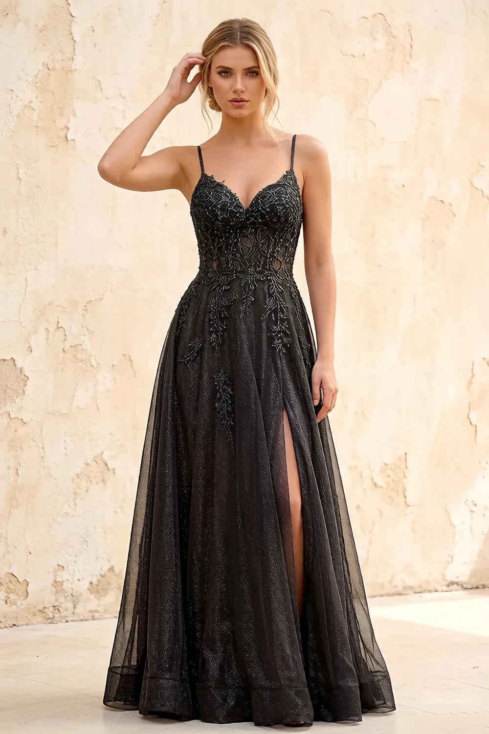 Joanna Glitter Black Tulle Beaded Maxi Dress