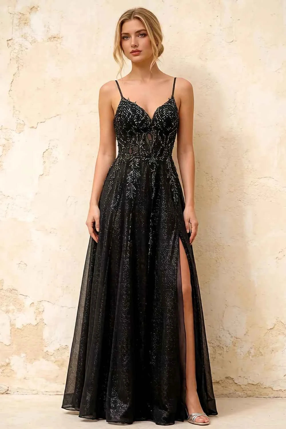 Joanna Glitter Black Tulle Beaded Maxi Dress