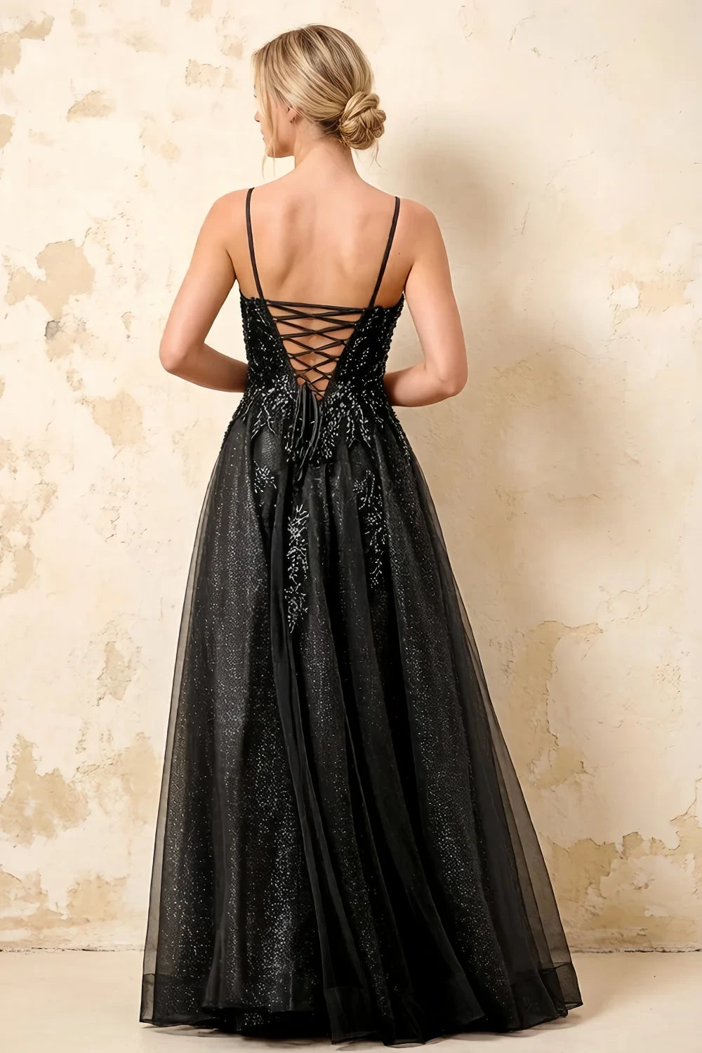 Joanna Glitter Black Tulle Beaded Maxi Dress