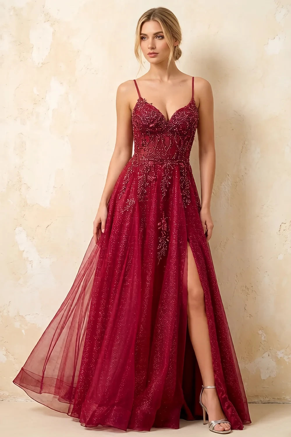Joanna Glitter Burgundy Tulle Beaded Maxi Dress