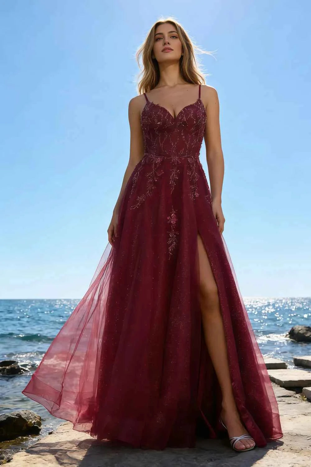Joanna Glitter Burgundy Tulle Beaded Maxi Dress