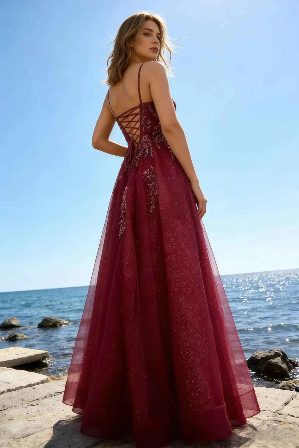 Joanna Glitter Burgundy Tulle Beaded Maxi Dress