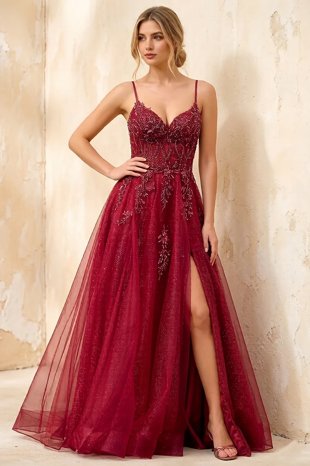 Joanna Glitter Burgundy Tulle Beaded Maxi Dress