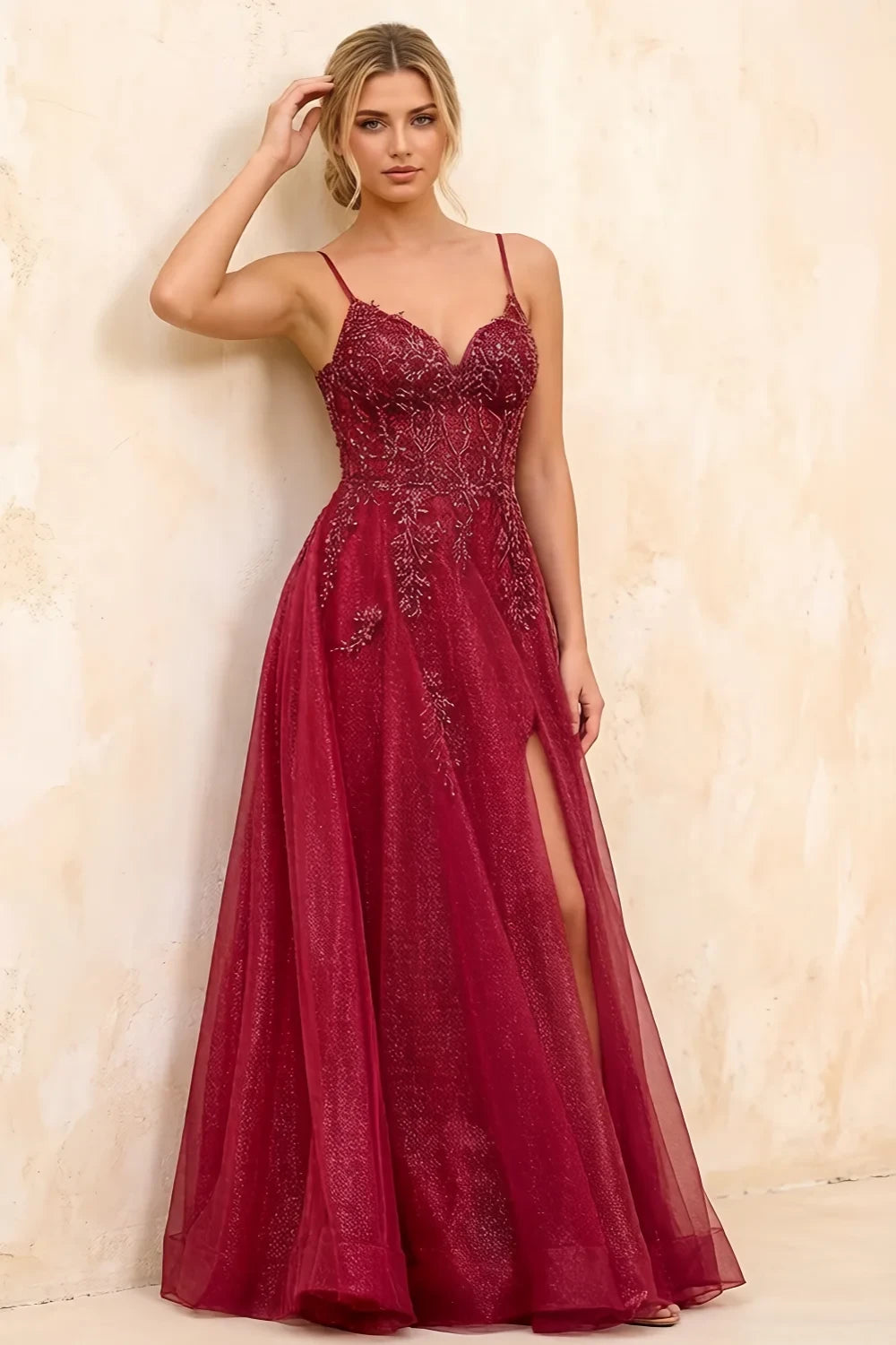 Joanna Glitter Burgundy Tulle Beaded Maxi Dress