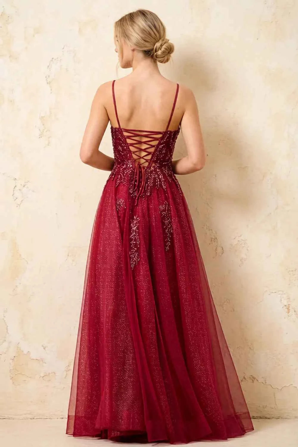 Joanna Glitter Burgundy Tulle Beaded Maxi Dress
