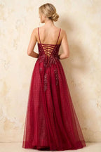 Joanna Glitter Burgundy Tulle Beaded Maxi Dress