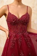 Joanna Glitter Burgundy Tulle Beaded Maxi Dress