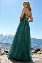 Joanna Glitter Dark Green Tulle Beaded Maxi Dress