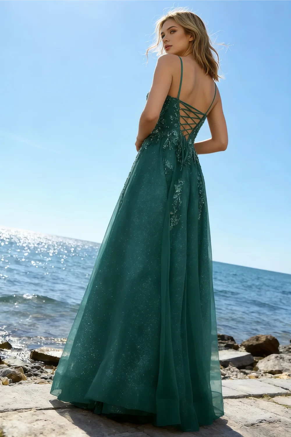 Joanna Glitter Dark Green Tulle Beaded Maxi Dress