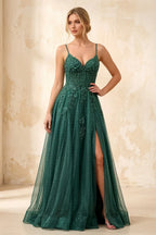 Joanna Glitter Dark Green Tulle Beaded Maxi Dress