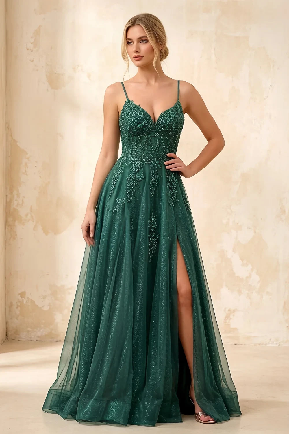 Joanna Glitter Dark Green Tulle Beaded Maxi Dress