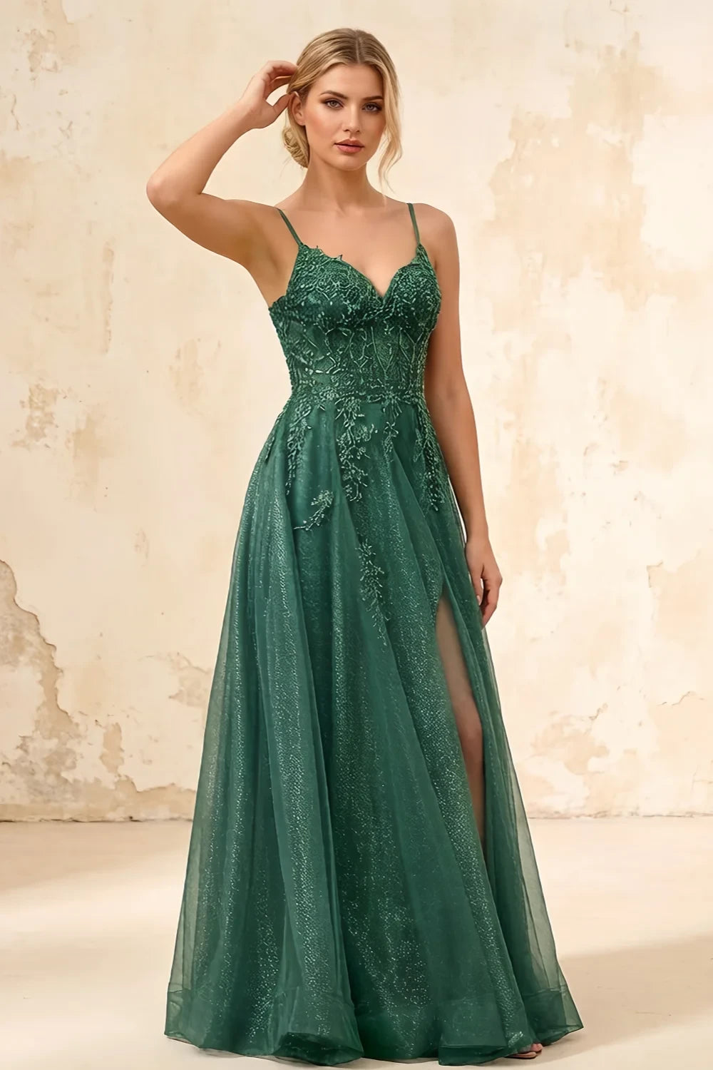 Joanna Glitter Dark Green Tulle Beaded Maxi Dress