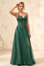 Joanna Glitter Dark Green Tulle Beaded Maxi Dress