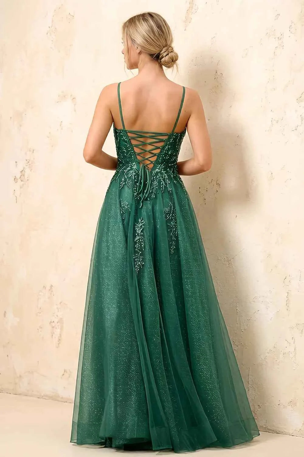 Joanna Glitter Dark Green Tulle Beaded Maxi Dress