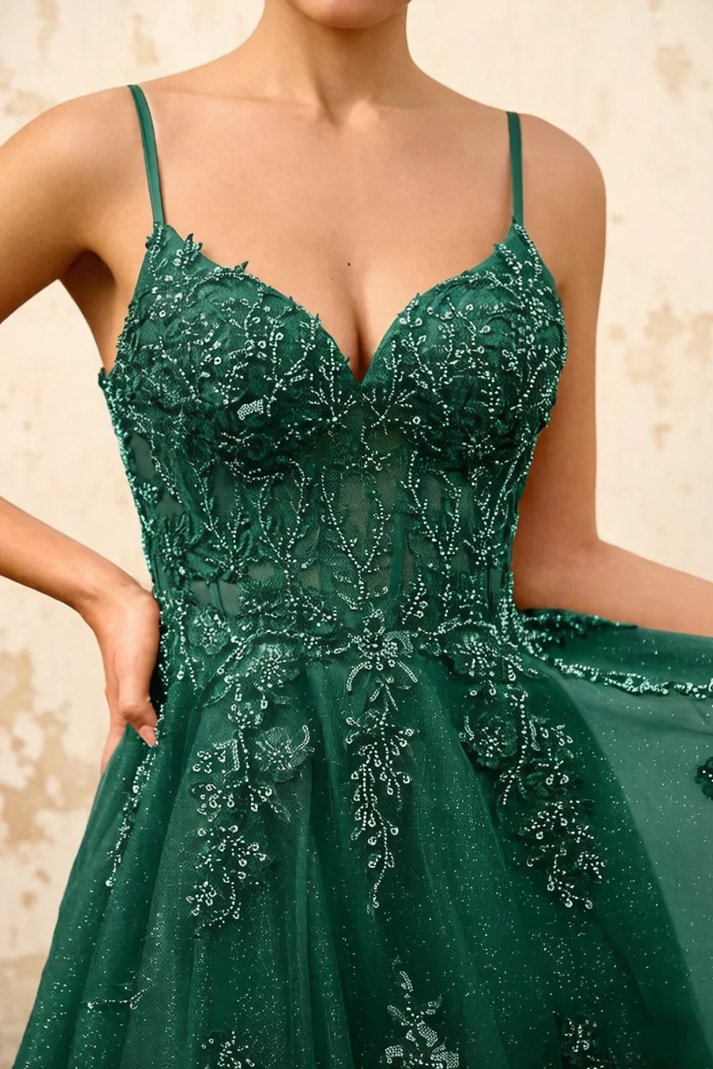 Joanna Glitter Dark Green Tulle Beaded Maxi Dress