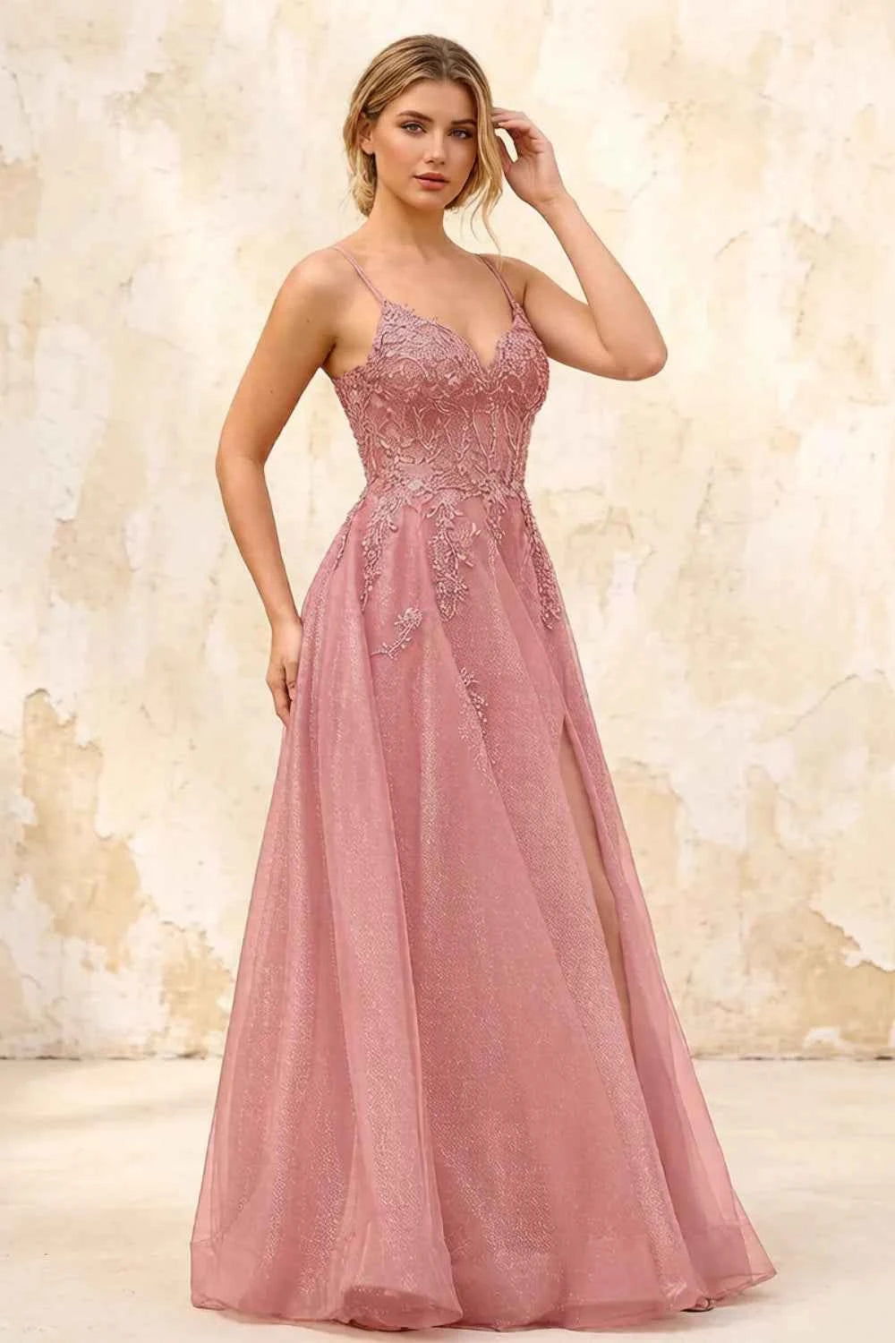 Joanna Glitter Dusty Pink Tulle Beaded Maxi Dress Main image