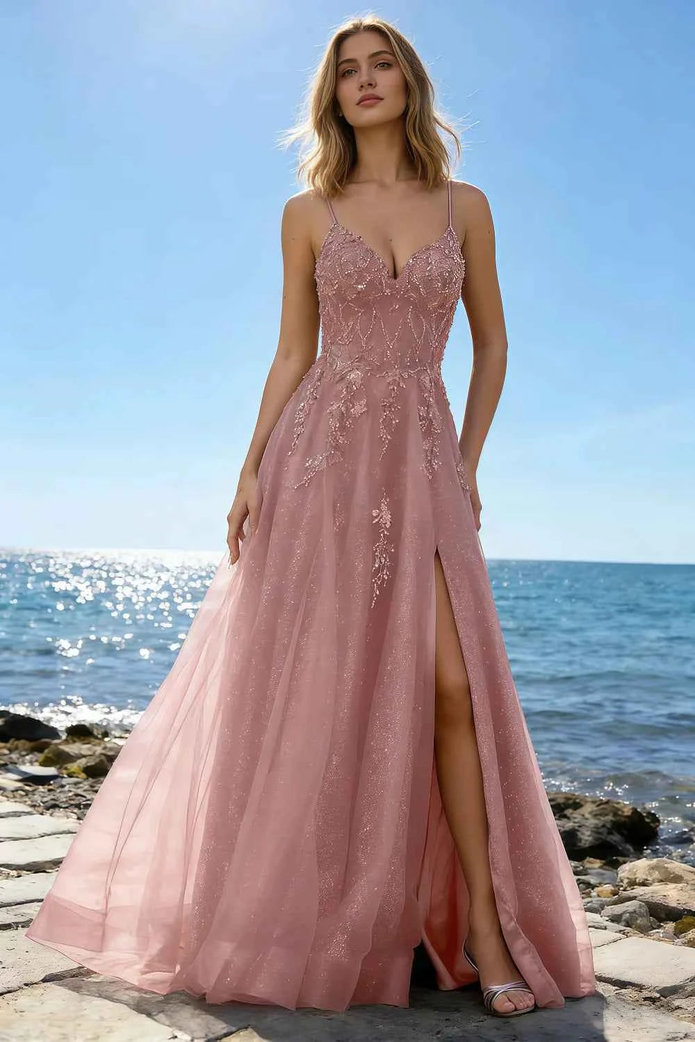 Joanna Glitter Dusty Pink Tulle Beaded Maxi Dress