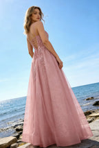 Joanna Glitter Dusty Pink Tulle Beaded Maxi Dress