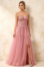 Joanna Glitter Dusty Pink Tulle Beaded Maxi Dress