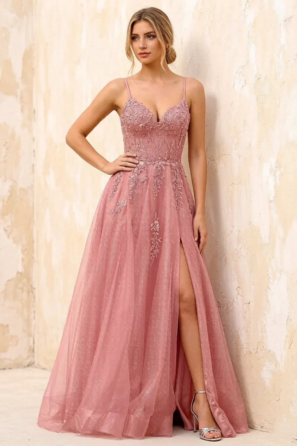 Joanna Glitter Dusty Pink Tulle Beaded Maxi Dress