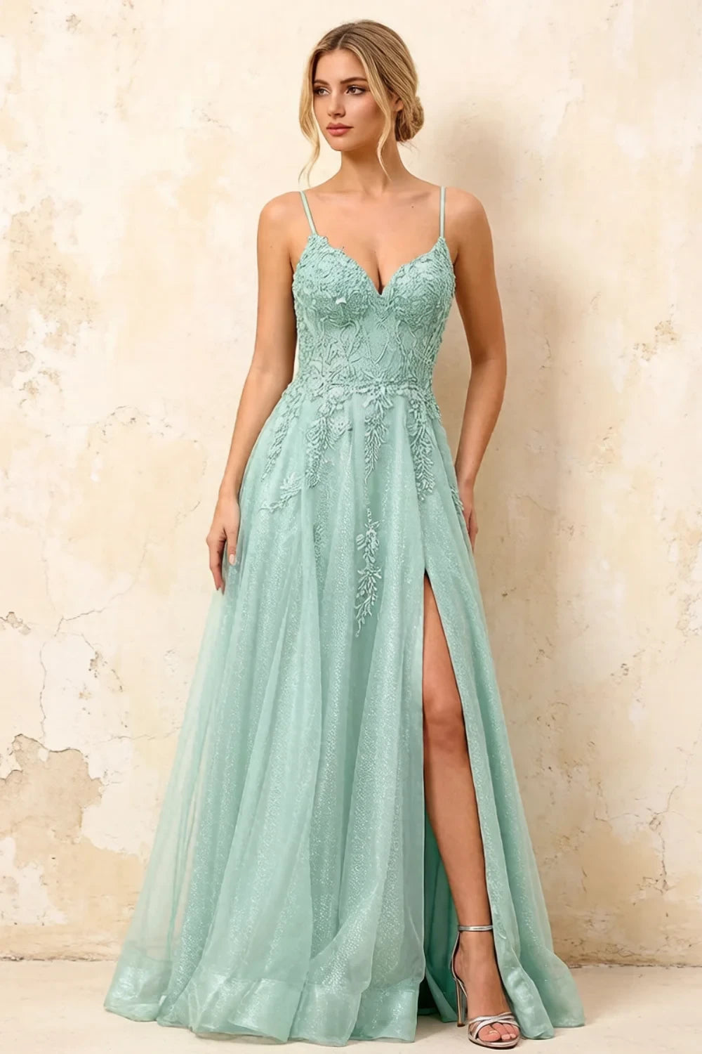 Joanna Glitter Light Green Tulle Beaded Maxi Dress