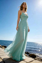 Joanna Glitter Light Green Tulle Beaded Maxi Dress