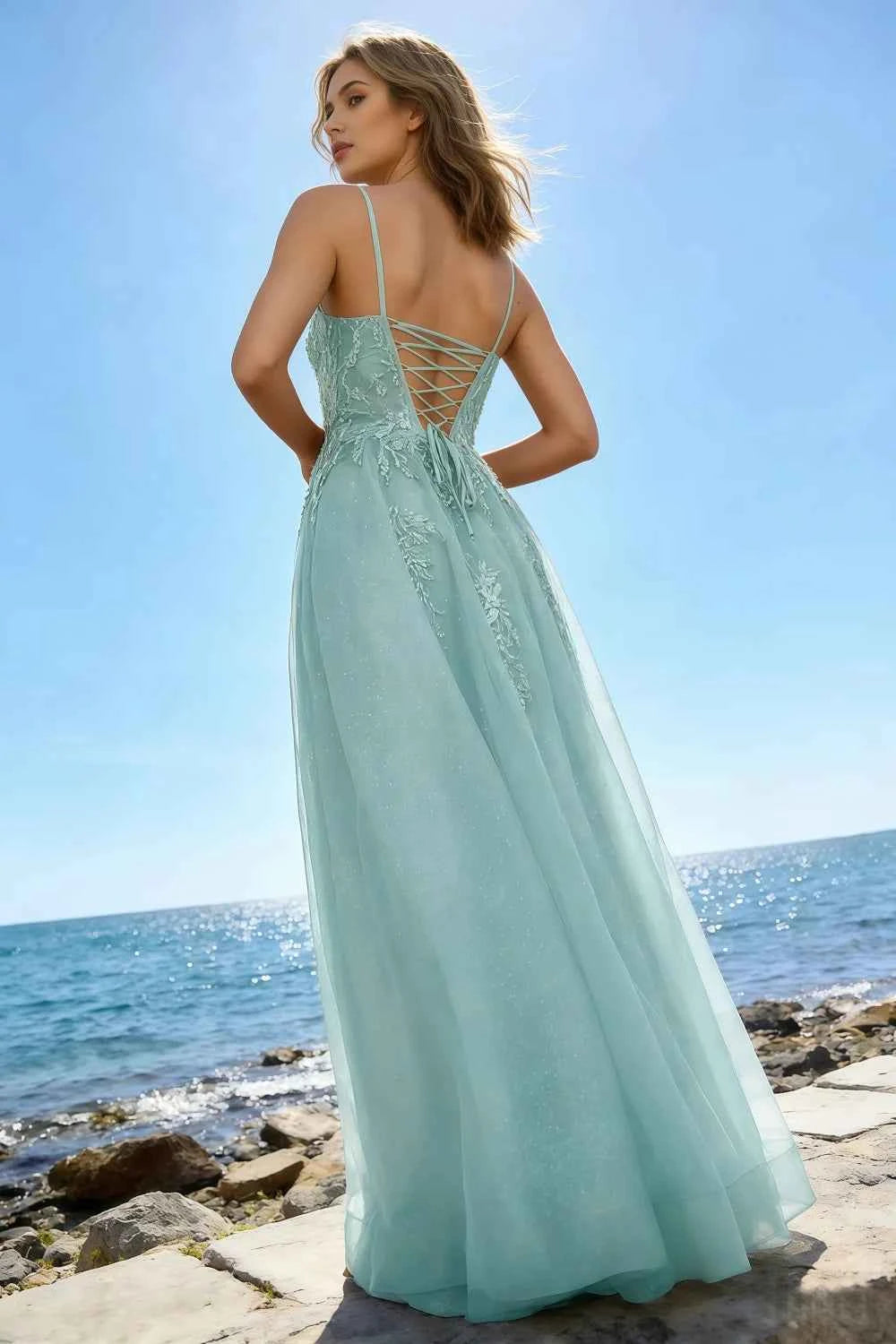 Joanna Glitter Light Green Tulle Beaded Maxi Dress