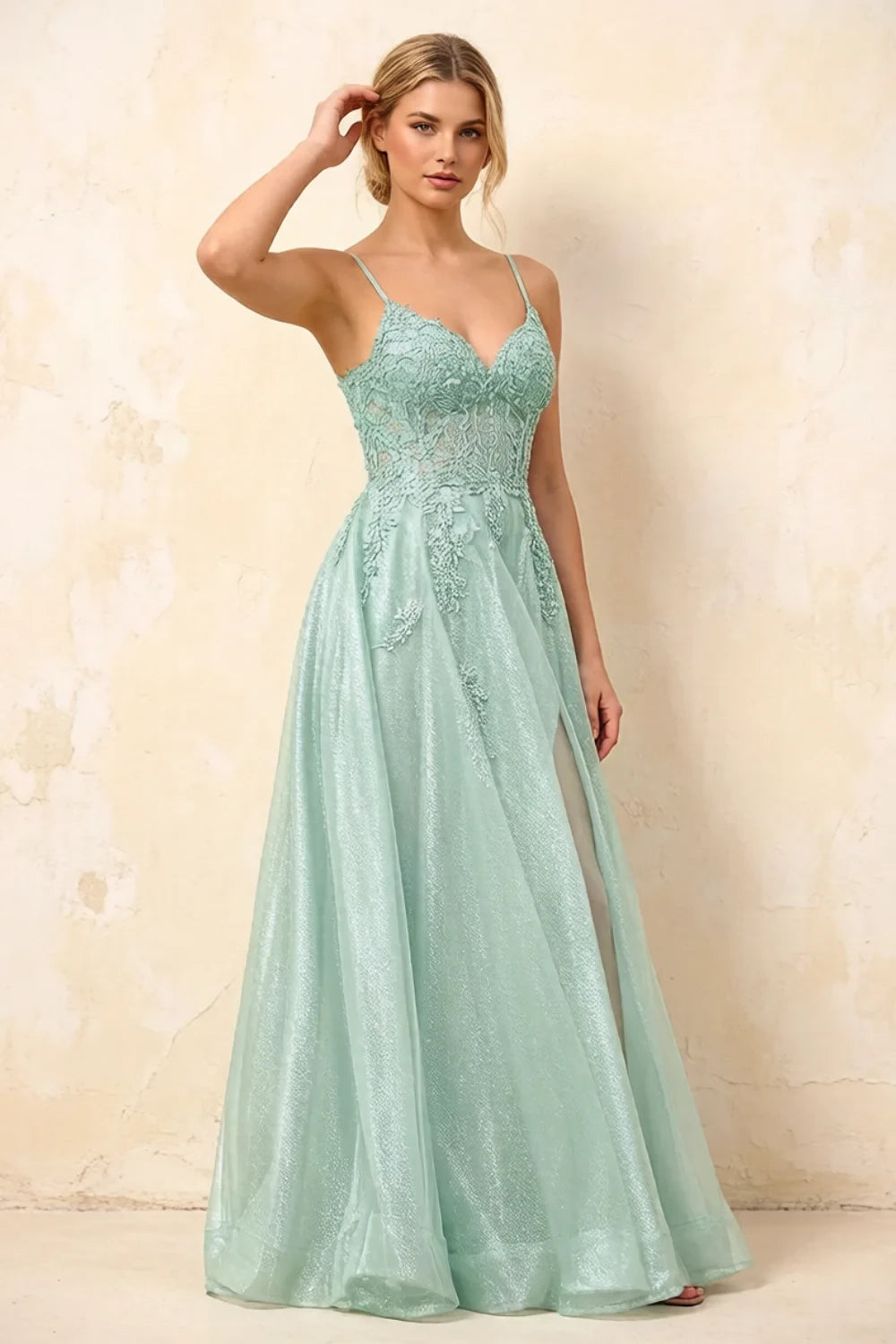 Joanna Glitter Light Green Tulle Beaded Maxi Dress