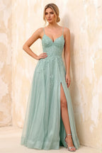 Joanna Glitter Light Green Tulle Beaded Maxi Dress