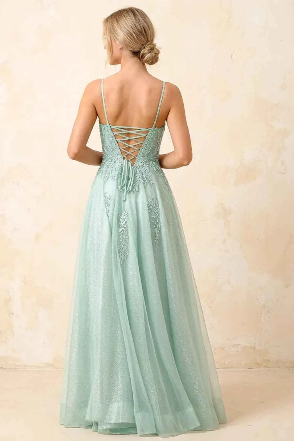 Joanna Glitter Light Green Tulle Beaded Maxi Dress