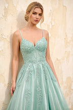 Joanna Glitter Light Green Tulle Beaded Maxi Dress
