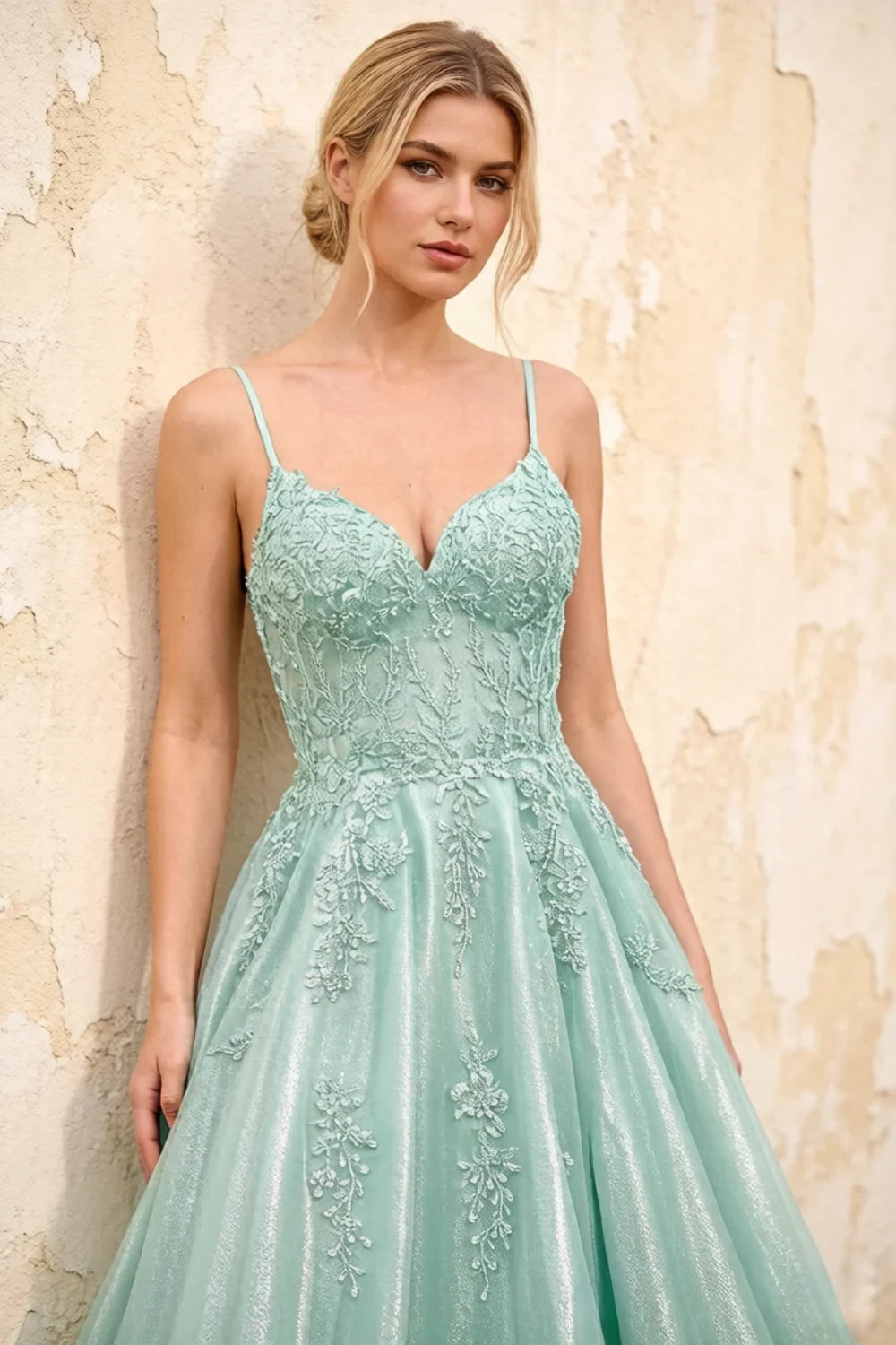 Joanna Glitter Light Green Tulle Beaded Maxi Dress