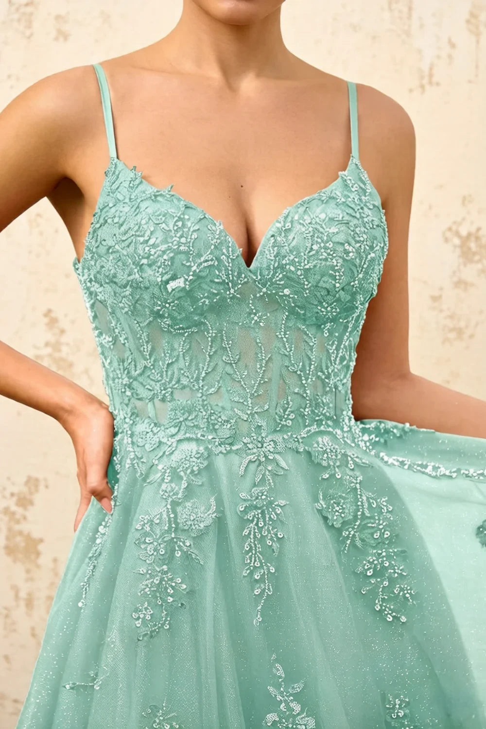 Joanna Glitter Light Green Tulle Beaded Maxi Dress