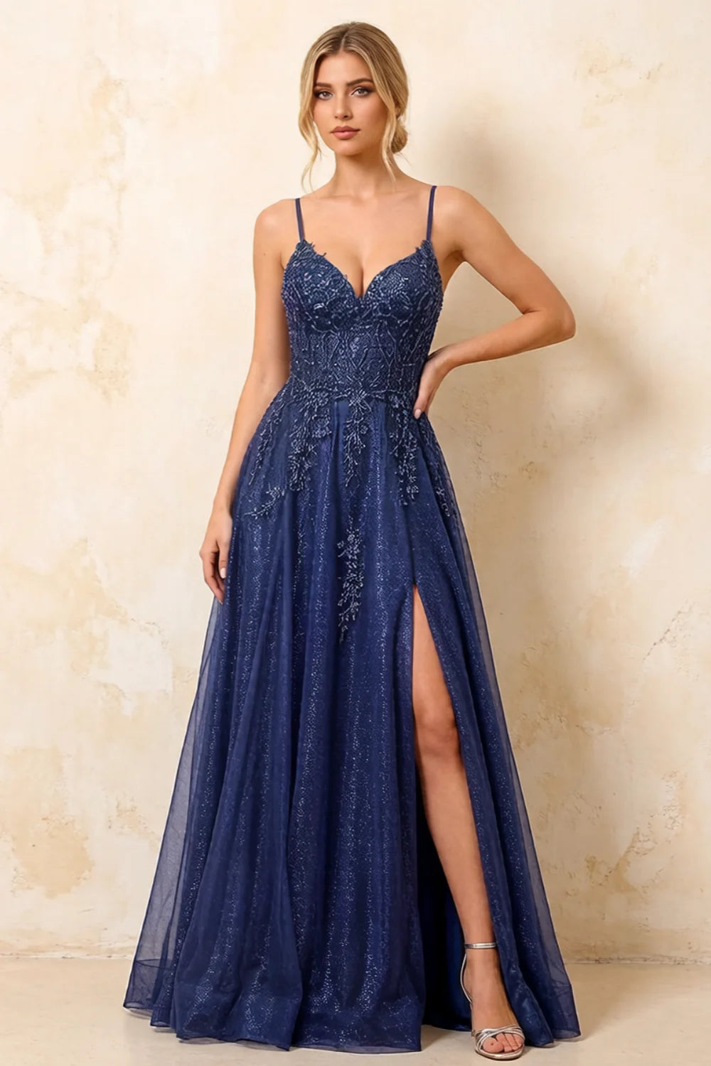 Joanna Glitter Navy Blue Tulle Beaded Maxi Dress Main image