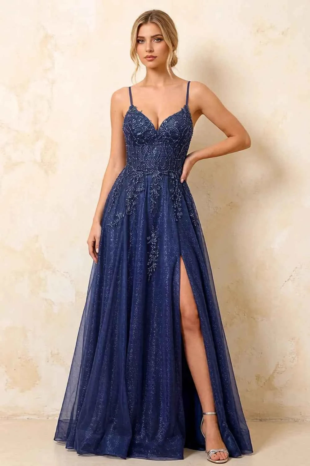 Joanna Glitter Navy Blue Tulle Beaded Maxi Dress